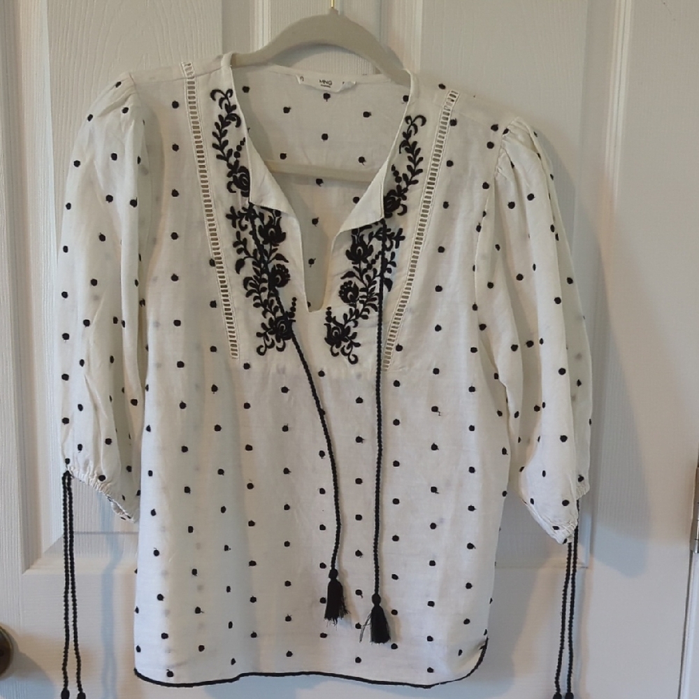 Mango Blouse with Black Embroidery and Polka Dots
